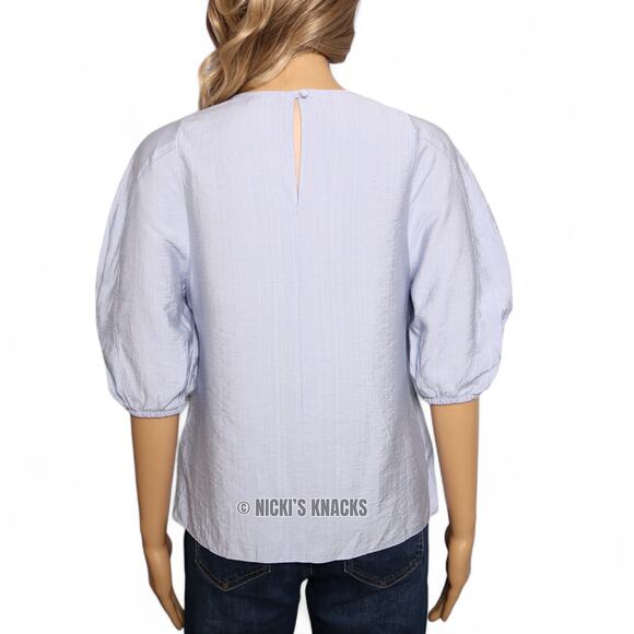 Cottage Puff Sleeve Blouse Light Blue Textured Short Sleeve Keyhole Back Size 6 - Picture 5 of 11
